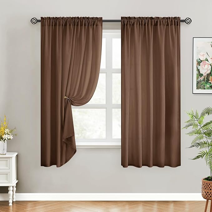 HOMEIDEAS Non-See-Through Brown Privacy Sheer Curtains, 52 X 54 Inches Long 2 Panels Sheer Curtains Light Filtering Window Drapes for Bedroom Living Room