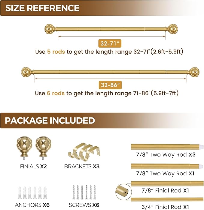 KAMANINA Curtain Rods for Windows 48 to 84 Inch, Gold Heavy Duty Curtain Rod Adjustable, 7/8 Inch Single Decorative Drapery Rod 32 to 86 Inch(2.6-7.1Ft), Netted Texture End
