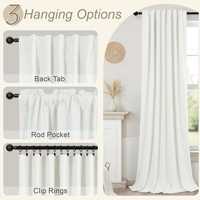 Pitalk Bedroom Blackout Curtains 63 Inches Long 2 Panel Thermal Curtain for Summer Heat Dining Living Room Darkening Back Tab Short Drapes for 62 Inch Window Length Boho Linen Textured Ivory Off White
