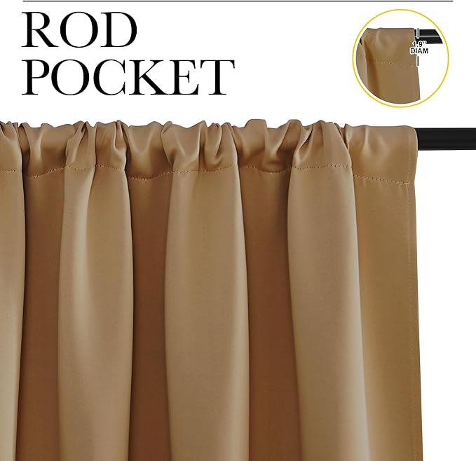 NICETOWN Kitchen Curtains, Short Blackout Drapes, Gold Brown, 34 in x 45 in (W x L), Set of 2, Thermal Insulated Rod Pocket Window Treatment Draperies for Nursery