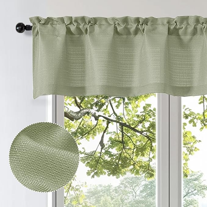 OWENIE Bob 1 PCS Green Valances for Windows, Faux Linen Textured Kitchen Window Curtains Valance for Bedroom Living Room, Modern Soft Airy Solid Rod Pocket Bathroom Cafe Curtain, 60Wx20L Inch