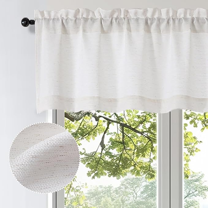 OWENIE Bob Valance Curtains 18 Inch Length 1 Piece, Faux Linen Slub Solid Natural Kitchen Valance for Bedroom Living Room, Farmhouse Soft Airy Rod Pocket Small Window Curtain, Each 60Wx18L Inch