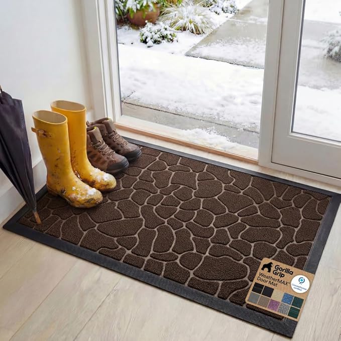 GORILLA GRIP 100% Waterproof All-Season WeatherMAX Doormat, 47x35, US Designed Natural Rubber, Stain and Fade Resistant, Low Profile Indoor Outdoor Door Mats, Easy Clean Patio Mat, Dark Brown Pebble