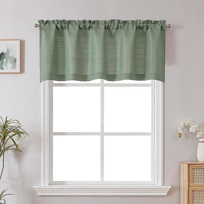 Chyhomenyc Sage Green Short Curtain Valance for Windows, Faux Linen Textured Half Window Curtains, Burlap Solid Small Curtain for Bathroom Laundry Basement Valance, 60Wx22L Inch, 1 Piece
