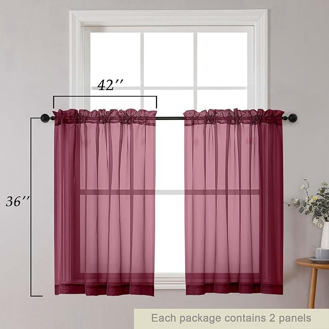 Cafe Curtains 36 Inch Length Tier 2 Pieces, Modern Soft Airy Sheer Kitchen Short Curtains for Small Window, Rod Pocket Small Curtain for Bathroom Basement, Burgundy, Each, 42" Wx36 L Inches