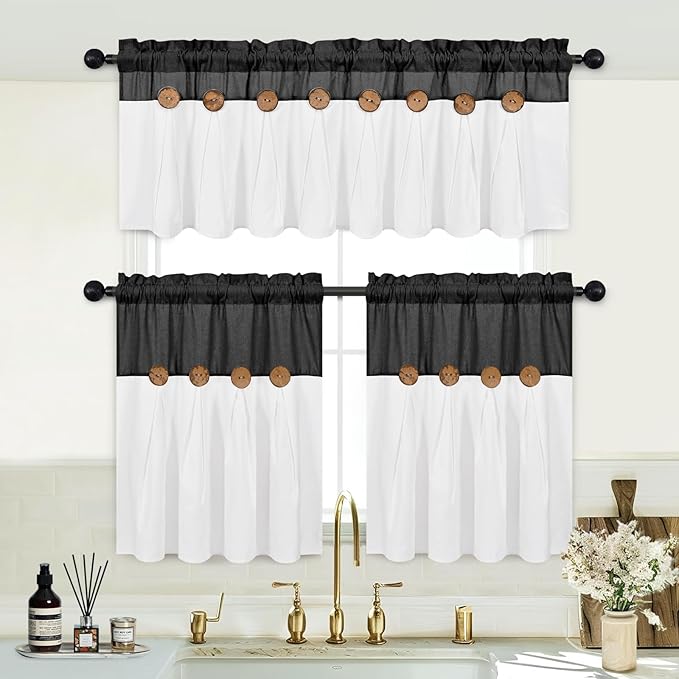 Boho Kitchen Curtains 24 Inch Length, Farmhouse Cotton Linen Tier Curtains, Rustic Button Short Curtain for Windows, Black Country Cafe Curtain, Rod Pocket Small Window Drapes for Kitchen, 26x24