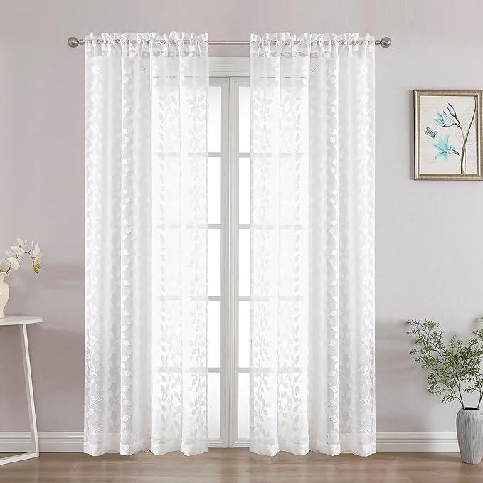 Chyhomenyc White Sheer Curtains 72 Inches Long 2 Panels Set, Light Filtering Tufted Textured Soft Airy Rod Pocket Elegant Leaf Window Treatment Drapes for Bedroom Living Room, 42" Wx72 L, 2PCS