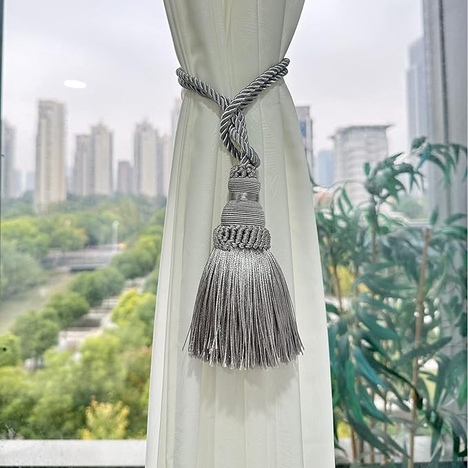 Fenghuangwu 2 Pack Curtain Tie Backs Rope Tassels for Curtains Drape tiebacks Handmade Outdoor Home and Outdoor Decorative (Silver, 2p)