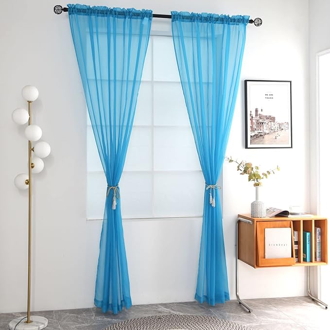 SpaceDresser Basic Rod Pocket Sheer Voile Window Curtain Panels Cyan Blue 1 Pair 2 Panels 52 Width 84 Inch Long for Kitchen Bedroom Children Living Room Yard(Cyan Blue,52 W x 84 L)