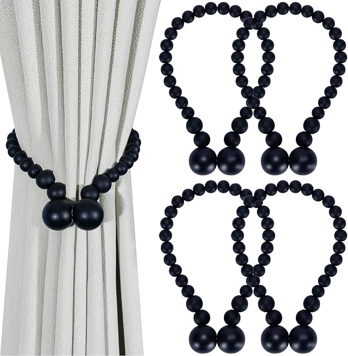 KLOGTSIND Magnetic Curtain Tiebacks, Curtain Tie Backs for Curtains 4 Pack, Wood Bead Curtain Tiebacks, Curtain Holders for Boho Bedroom Decor, Baby Nursery Decor, Farmhouse Decor