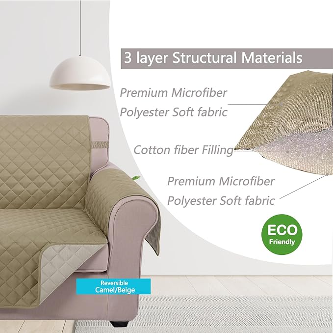 U-NICE HOME Loveseat Sofa Cover Reversible Couch Cover for Dogs with Elastic Straps Water Resistant Furniture Protector for Pets Couch Cover for 2 Cushion Couch (Loveseat, Light Camel/Beige)