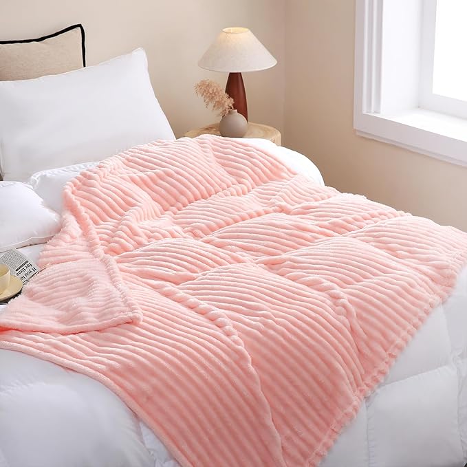 Light Pink Fleece Throw Blanket 60”×80” for Couch Sofa Bed,Super Soft Cozy Plush Microfiber Flannel Blanket with Stripes Design Lightweight for Adults,Woman,Girls