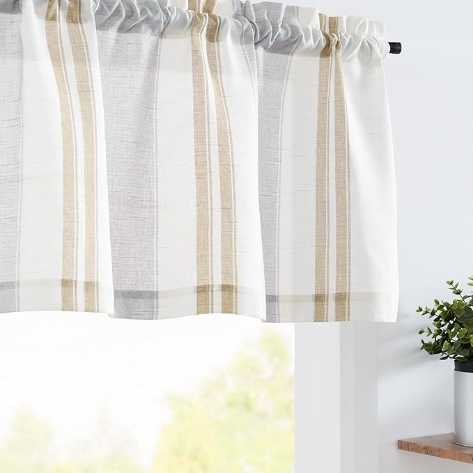jinchan Striped Valance Farmhouse Window Treatment Linen Textured Drapes for Small Windows Kitchen Living Room RV Vintage Valance 16 Inch Rod Pocket 1 Panel Taupe and Grey