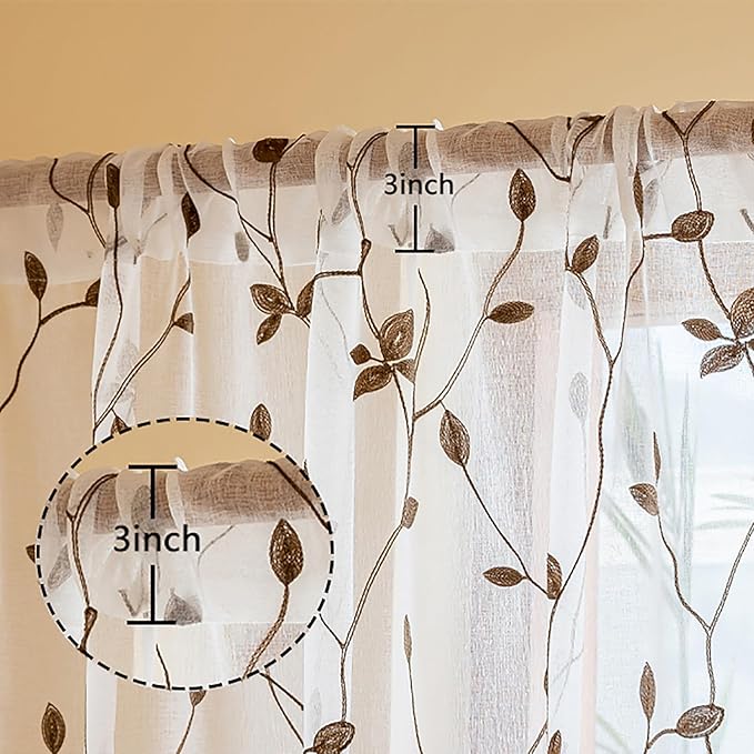 AmHoo 2 Panels Embroidered Leaf Pattern Semi Sheer Curtains Foliage Floral Voile Window Draperies Treatment for Bedroom Living Room Rod Pocket White Brown 53 x 84 Inch