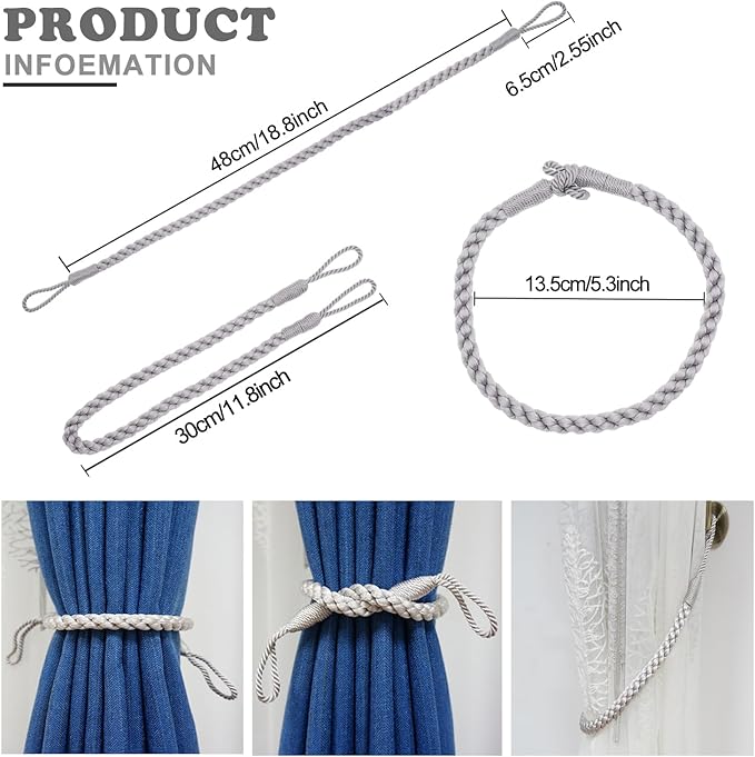 Curtain Tiebacks Ropes, 2pcs Decorative Handmade Tie Backs Curtain Holdbacks Holders Cord for Window Sheer Drapes Indoor Outdoor, Grey