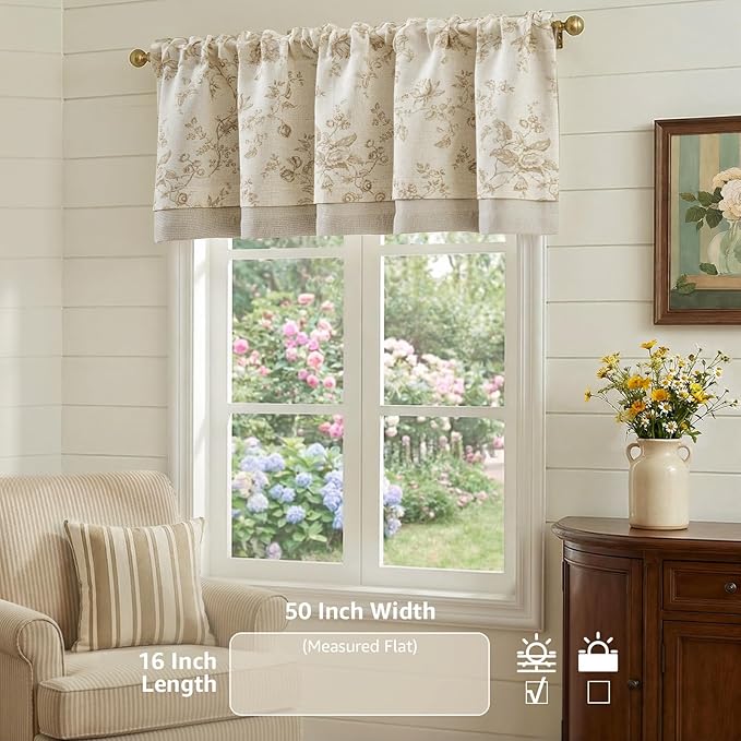 jinchan Amlie Floral Linen Valance Curtain Farmhouse Kitchen Valance for Living Room Laundry Light Filtering Double Layer Cottagecore Window Treatment Rod Pocket 1 Panel 16 Inch Taupe on Linen