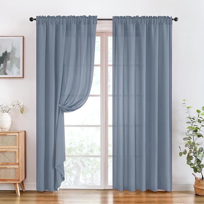 HOMEIDEAS Non-See-Through Stone Blue Privacy Sheer Curtains, 52 X 96 Inches Long 2 Panels Sheer Curtains Light Filtering Window Drapes for Bedroom Living Room