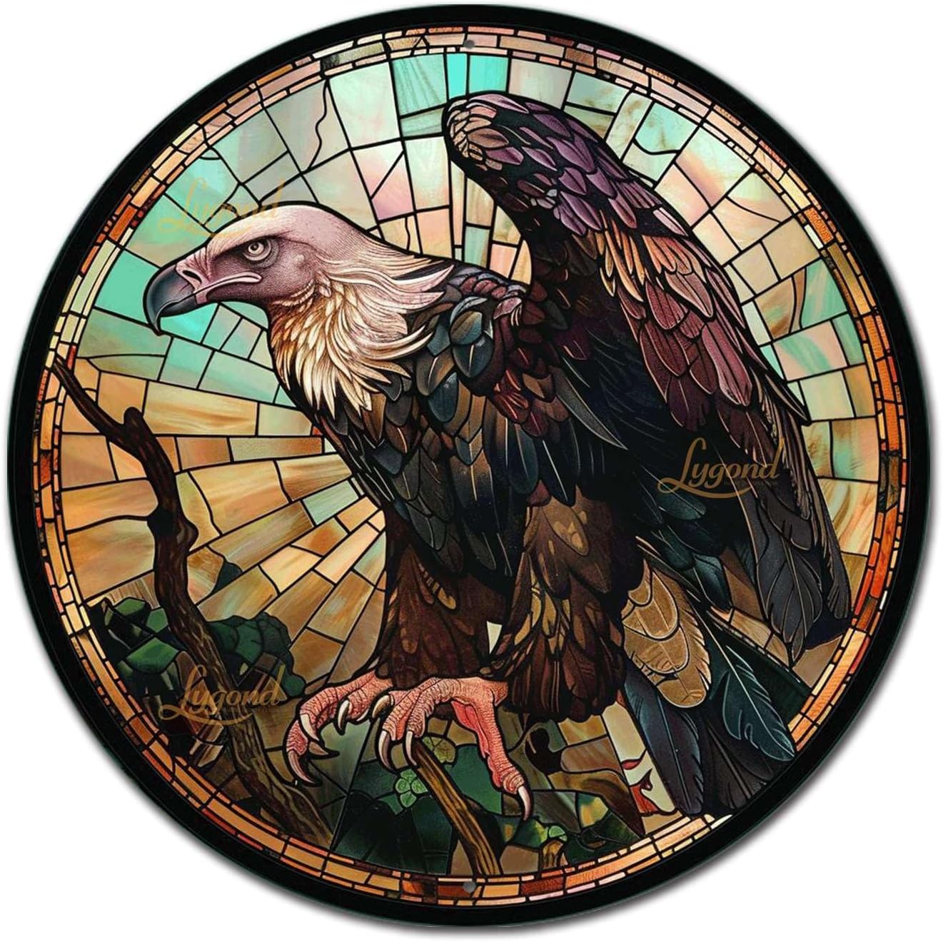 Lygond Metal Sign Tin Sign Circular Stained Glass Vulture Funny Gardening Gift for Patio 8×8 Inches