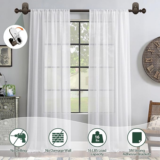 KAMANINA Curtain Rods No Drilling for Windows 32 to 86 Inches, 5/8 Inch Diameter Adjustable Curtain Pole with Adhesive Brackets, Bronze
