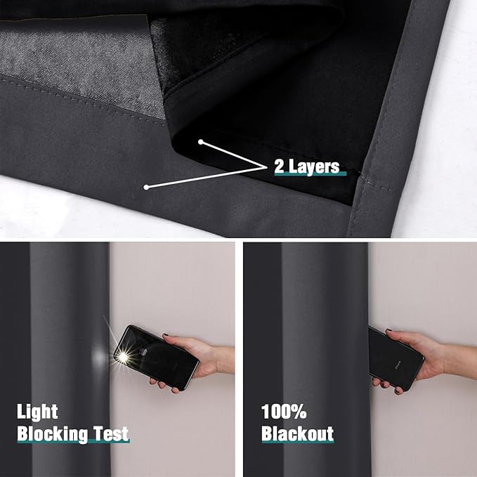 ChrisDowa 100% Blackout Curtains 84 inch Long for Bedroom with Black Liner, Extra Wide 2 Thick Layers Total Blackout Thermal Insulated Grommet Window Curtains 2 Panels Set (Dark Grey, 60 x 84 Inch)