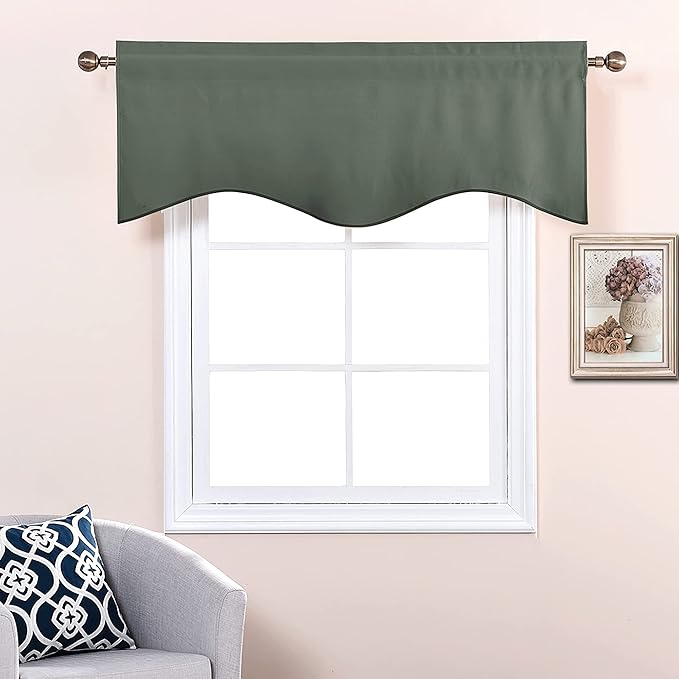 NICETOWN Small Valances for Living Room, Bathroom Window Topper Kitchen Valances for Small Windows, Scalloped Short Window Tiers for Christmas (52x18 Inch, Dark Mallard, 2 Panels)