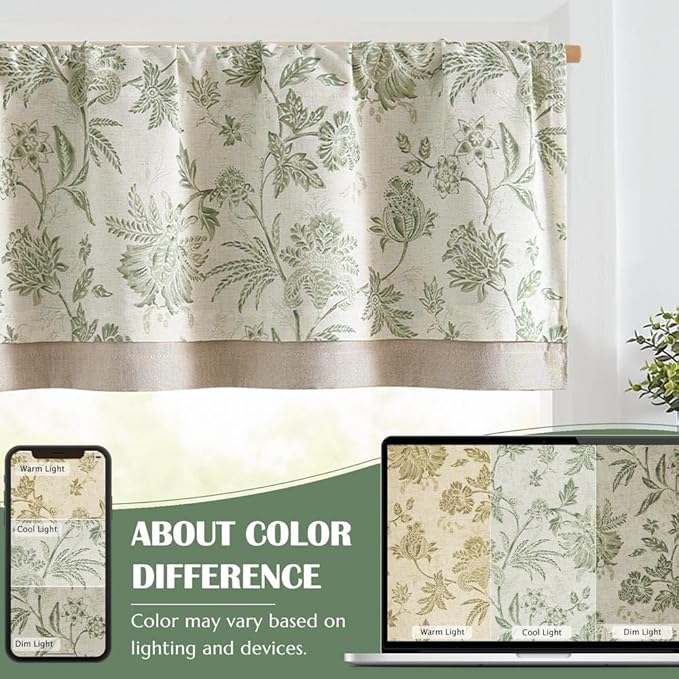 jinchan Floral Valance Curtain Linen Kitchen Valance for Windows 16 Inch Farmhouse Light Filtering Green Floral Short Window Treatment for Living Room 1 Panel Rod Pocket Double Layer Sage on Beige