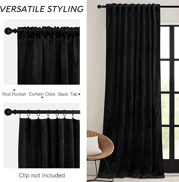 RYB HOME Black Velvet Curtains 72 inches with Hook Belt, Soft Fabric Room Darkening Thermal Insulated Luxurious Home Decor Curtains for Living Room Bedroom, W 52" x L 72", 2 Panels Set