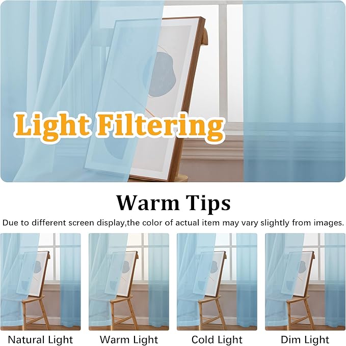 Gwine Sky Blue Sheer Curtain Tiers 24 Inch Length, Light Filtering Voile Short Curtain for Living Room Bedroom, Rod Pocket Cafe Curtains for Small Windows 42x24 Inch, 2PCS