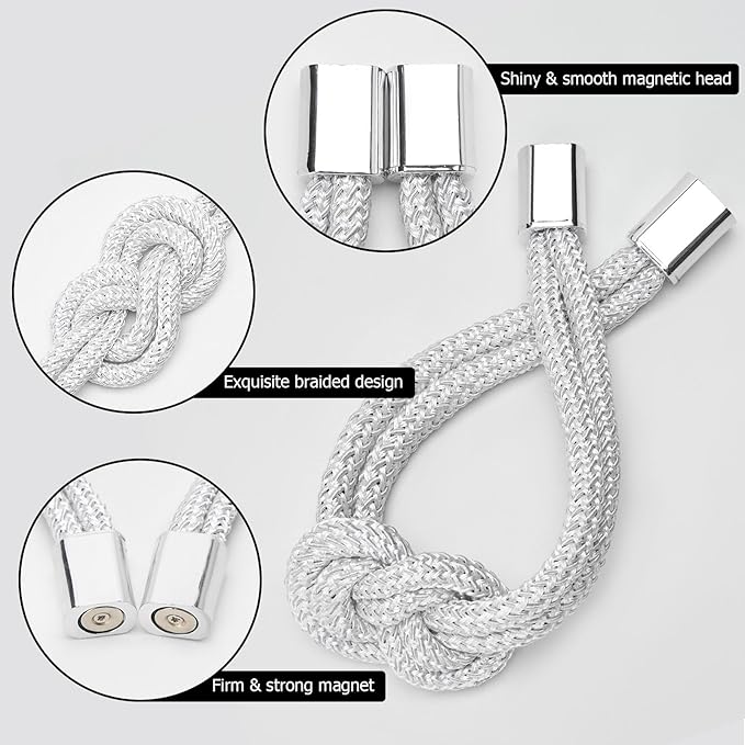 NICEEC 4 Pack Mini Magnetic Curtain Tiebacks Nordic Simple Style Drape Tie Backs Elegant Hand Weave Rope Knot Decorative Curtain Holdbacks for Home & Office Thin Window Drapery (White)
