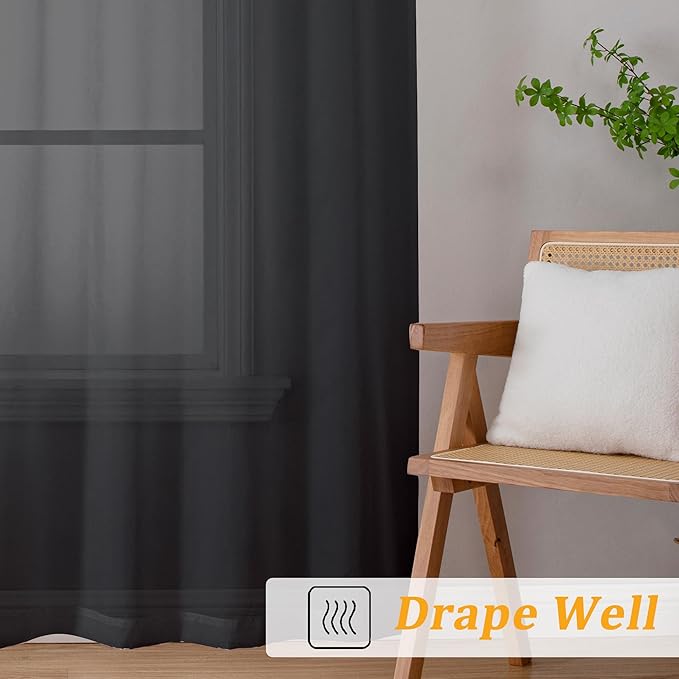 Gwine Black Sheer Curtains 84 Inches Long 2 Panels Set, Light Filtering Sheer Curtains for Living Room Bedroom 59 Inch Extra Wide, Modern Voile Soft Airy Rod Pocket Drapes, 59Wx84L Inch, 2PCS, Black