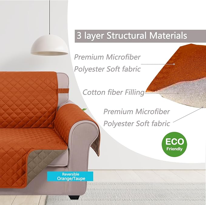 U-NICE HOME 4 Seater Sofa Cover 91 Inch Large Couch Covers for 4 Cushion Couch with Elastic Straps Water Resistant Furniture Protector Cover for Pets Cat (Sofa XX-Large, Orange/Taupe)