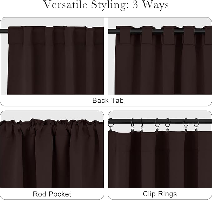 PONY DANCE Blackout Curtains Draperies - Window Treatments Thermal Insulated Back Tab/Rod Pocket Drapes for Small Window, W 52 by L 45 inch Per Panel, Brown, Set of 2 Pieces