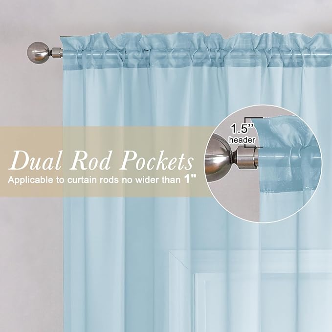 Lecloud Sky Blue Sheer Curtains 72 Inches Length 2 Panels, Lightweight Dual Rod Pockets Voile Living Room Bedroom Curtain & Panel, Durable Farmhouse Window Drapes, 40x72 Inch
