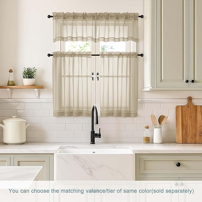 Taupe Sheer Curtains Tier 30 Inches Length 2 Panels Set, Light Filtering Lightweight Soft Window Treatments Drapes, Cute Elegant Cafe Curtains for Nursery, Dual Rod Pocket, 2x42Wx30L Inches