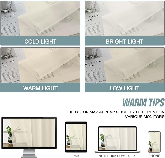 Cream Small Sheer Curtains 2 Panels Set, Kitchen Curtains 36 Inch Length, Elegant Light Filtering Short Window Drapes for Living Room Bedroom, Dual Rod Pocket Design, 2x42Wx36L Inches