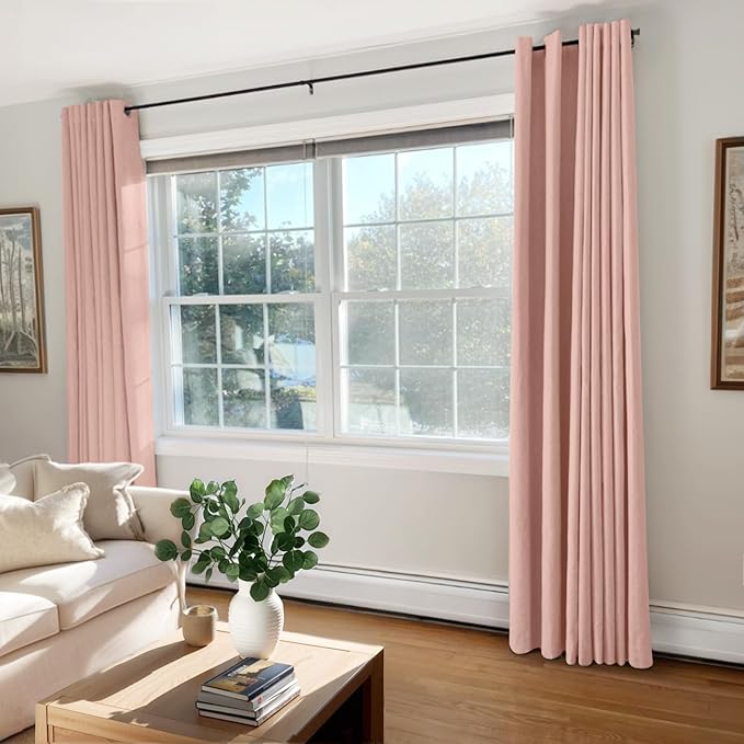 100% Blackout Shield Linen Blackout Curtains for Bedroom, Blush Pink Grommet Curtains for Living Room, Thermal Insulated Room Darkening Drapes for Nursery, Boho Home Decor, 50" W x 84" L, 2 Panels