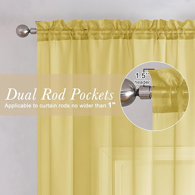 Lecloud Yellow Sheer Curtains 72 Inches Long 2 Panels, Light Filtering Voile Window Drapes for Bedroom Living Room, Dual Rod Pocket Semi Sheer Window Door Decor, 40" W x 72" L