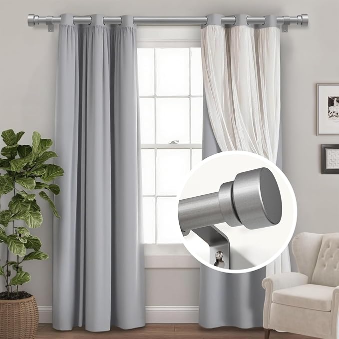 Lootkell 2 Pack Modern Silver Curtain Rods Set for Windows 28 to 48 Inches Adjustable Length Heavy Duty 1" Diameter Window Curtain Rod with Decorative Finials for Outdoor Bedroom Kitchen Living Room