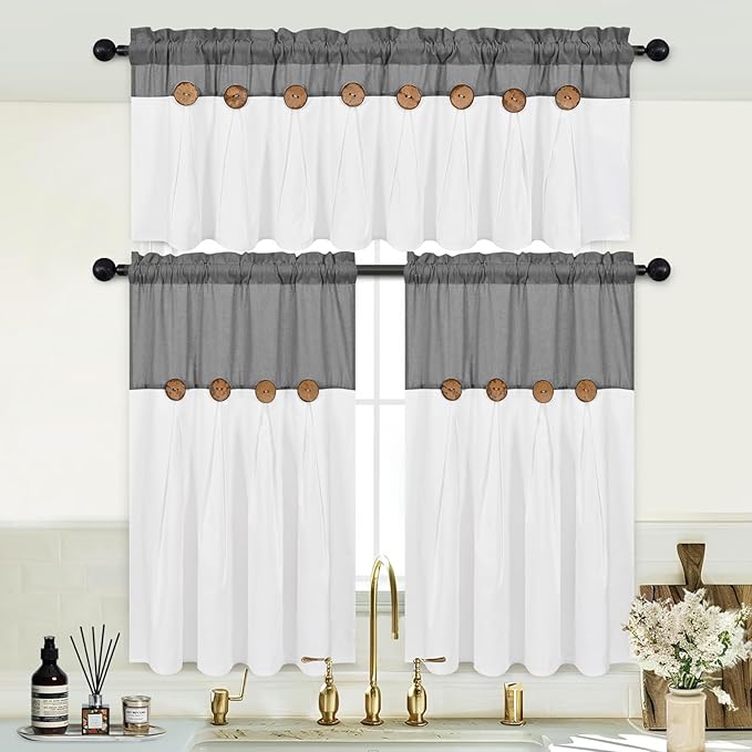 Boho Kitchen Curtains 36 Inch Length, Farmhouse Cotton Linen Tier Curtains, Rustic Button Short Curtains for Windows, Grey Country Cafe Curtains, Rod Pocket Small Window Curtains for Kitchen, 26x36