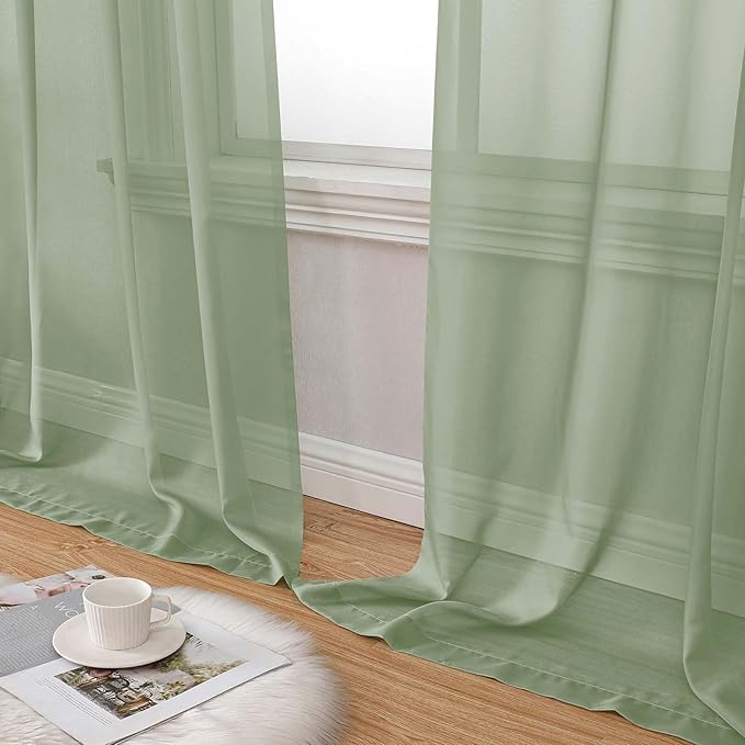 Extra Long Sheer Sage Green Curtains for Bedroom Living Room 108 Inches Long 2 Panels Set, Solid Soft Light Filtering Rod Pocket Sheer Window Curtains, Sage Green, Each 42" Wx108 L Inch