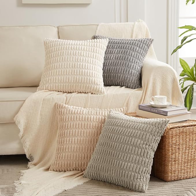 Fancy Homi 4 Packs Neutral Euro Decorative Throw Pillow Covers 28x28 Inch for Couch Bed Sofa, Rustic Farmhouse Boho Home Decor, Soft Plush Striped Corduroy Square Cushion Case 71x71 cm