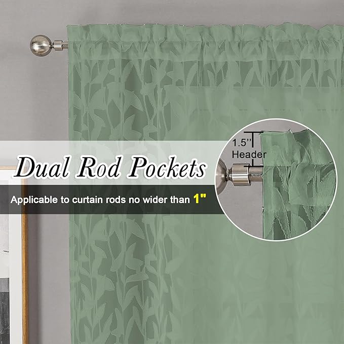 Lecloud Leia 2 Panels Semi Sage Green Sheer Curtains 45 Inch Length, Light Reducing Jacquard Clip Small Window Curtain Bedroom/Living Room/Kitchen, Farmhouse Leaves Voile Drapes Rod Pockets, 38W x 45L