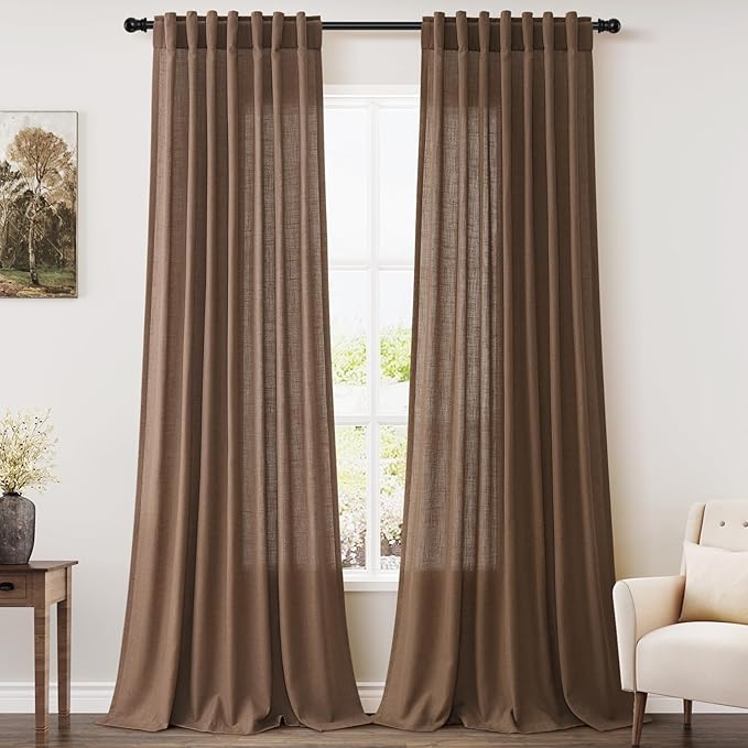 Caramel Brown Linen Curtains for Living Room Extra Long 112 Inches Long Back Tab Light Filtering Semi Sheer Curtain Vintage Rustic Decor Floor to Ceiling High Window for Bedroom 52x112, 2 Panels