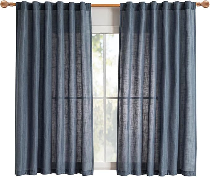 MYSKY HOME Short Semi Sheer Blue Curtains for Bedroom 63 Inches Long Light Filtering Privacy Drapes for Small Window Boho Home Decor Curtain for Dining Room, 50" x 63", Dusty Blue, 2 Pieces