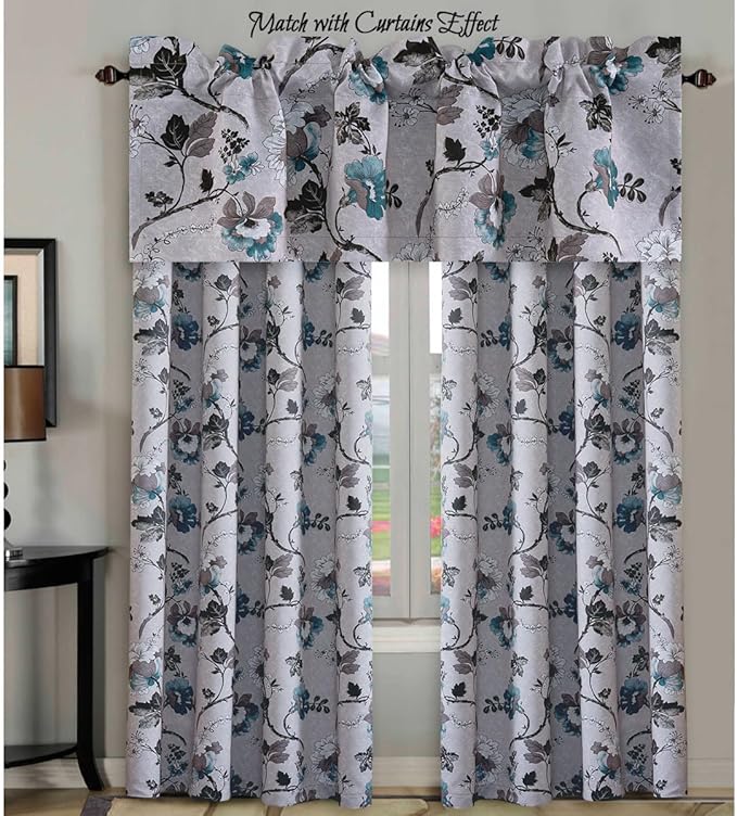 H.VERSAILTEX Blackout Curtain Valances for Kitchen Window/Living Room/Bathroom Privacy Added Rod Pocket Home Decoration Winow Valance, 52" W x 18" L, Floral in Grey and Teal