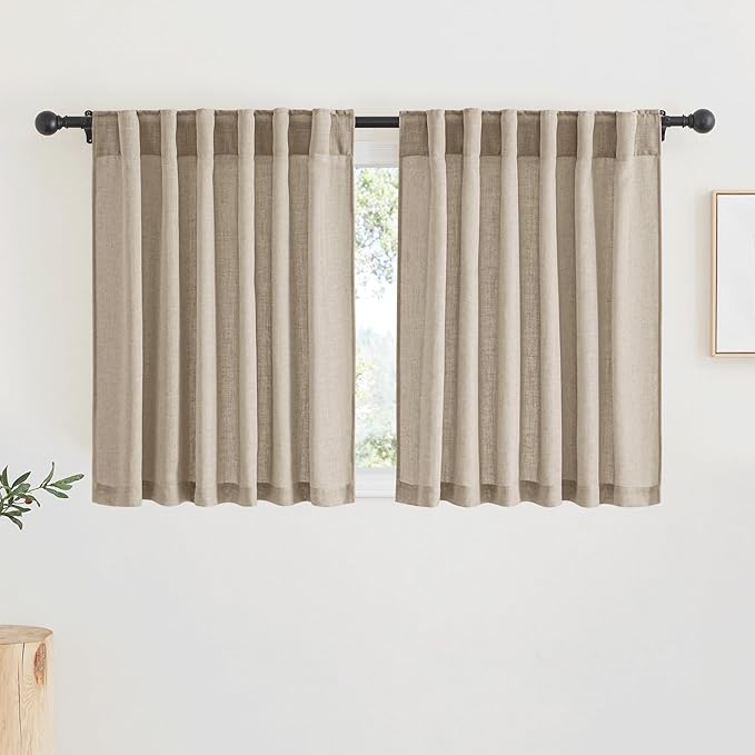 RYB HOME Linen Curtains Over Sink 36 inches Length, 2 Panels Light Filtering Privacy Semi Sheer Curtains for Bathroom Kitchen Small Window, Length 36 by Width 52 inch, Khaki