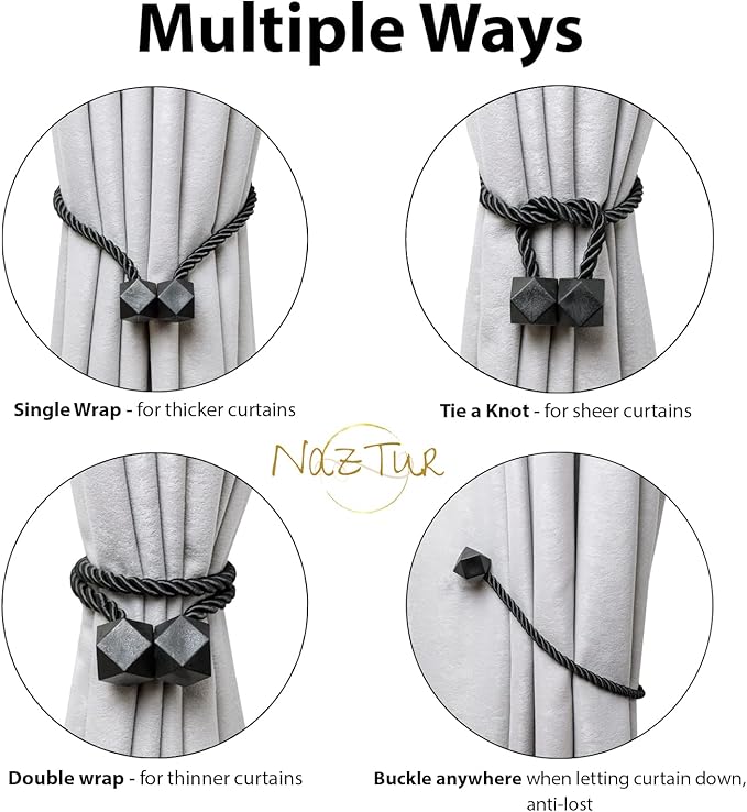 NazTur Magnetic Curtain Tiebacks- Upgrade 2022 with a Thicker Twist Rope & Strong Magnet Tieback Window Treatment Holdbacks Draperies Holders Decorative Drape Handmade Tie Back (Black, 4)
