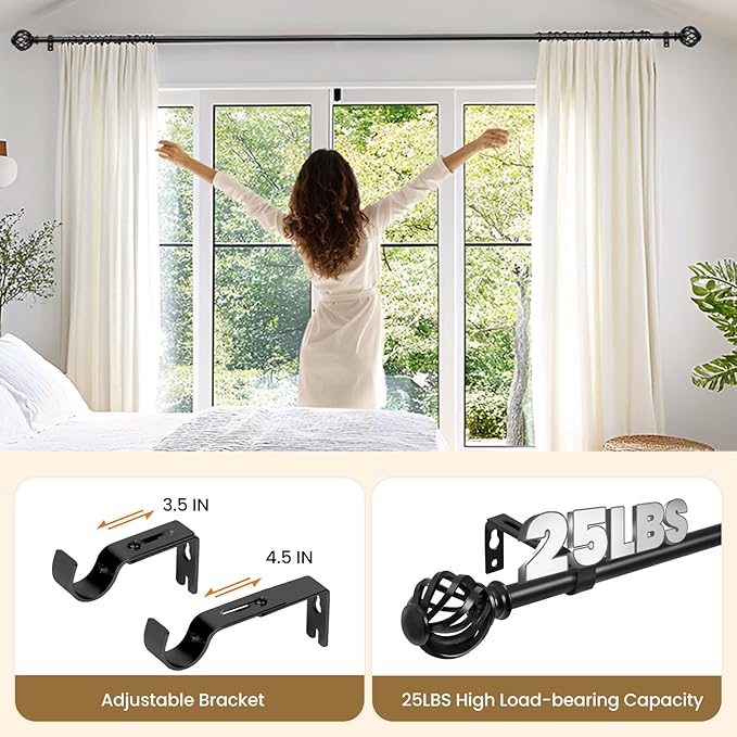 Luvenia Black Decorative Curtain Rod,Adjustable Curtain Rods For Windows 30 to 88 Inch(2.5-7.3Ft),Long Curtain Rod For Bedroom, Living Room,Kitchen,Farmhouse
