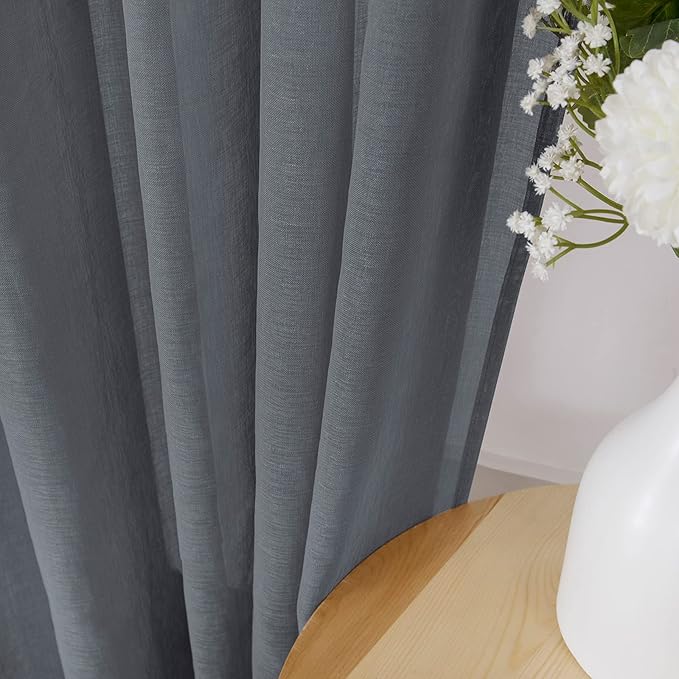 Tollpiz Sheer Curtains Living Room Linen Textured Curtain Sheers Light Filtering Voile Rod Pocket Curtains for Bedroom, 38 x 63 inches Long, Dark Grey, Set of 2 Panels