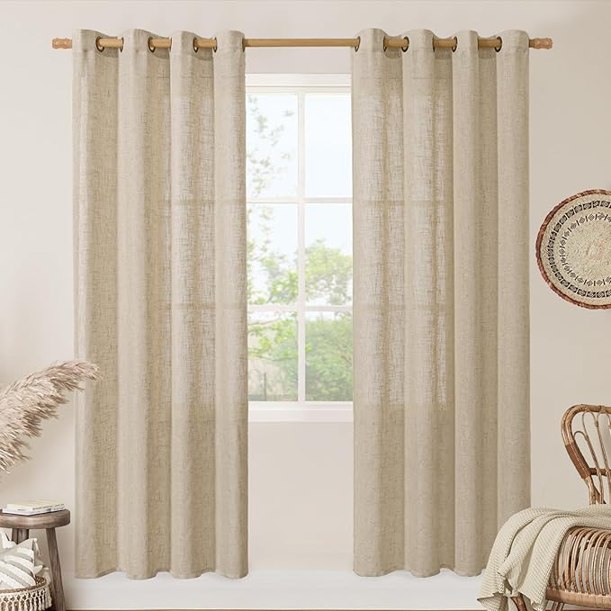 LAMIT Semi Sheer Linen Curtains 80 Inch Length for Living Room, Brown Light Filtering Window Panels Bronze Grommet Boho Burlap Drapes for Bedroom/Farmhouse, Set of 2, 52 x 80 Inch